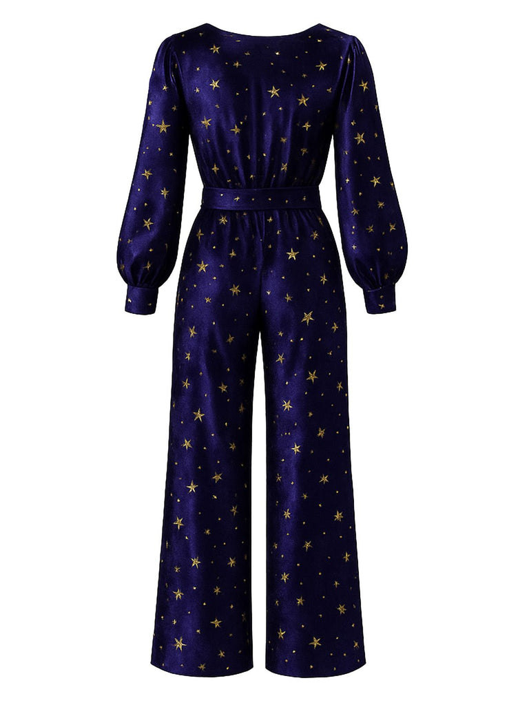 [Pre-Sale] Deep Blue 1950s Star V-Neck Wide-Leg Velvet Jumpsuit