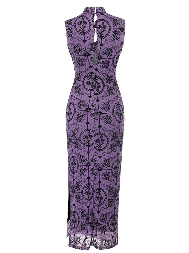 Purple 1930s Rose Flocked Neo-Chinese Dress
