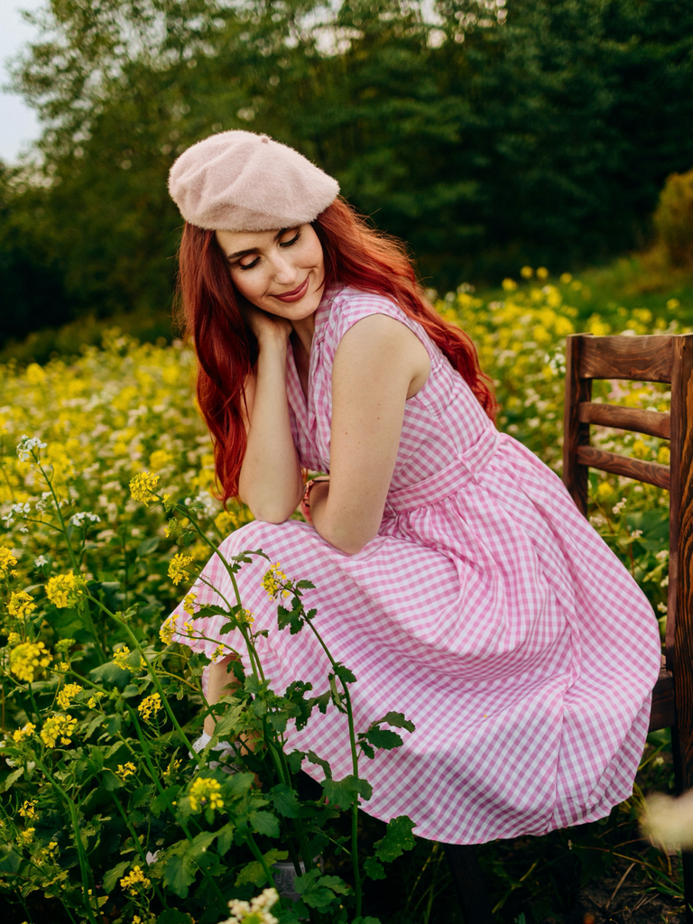 Pink 1940s Gingham Lapel V-Neck Belted Swing Dress