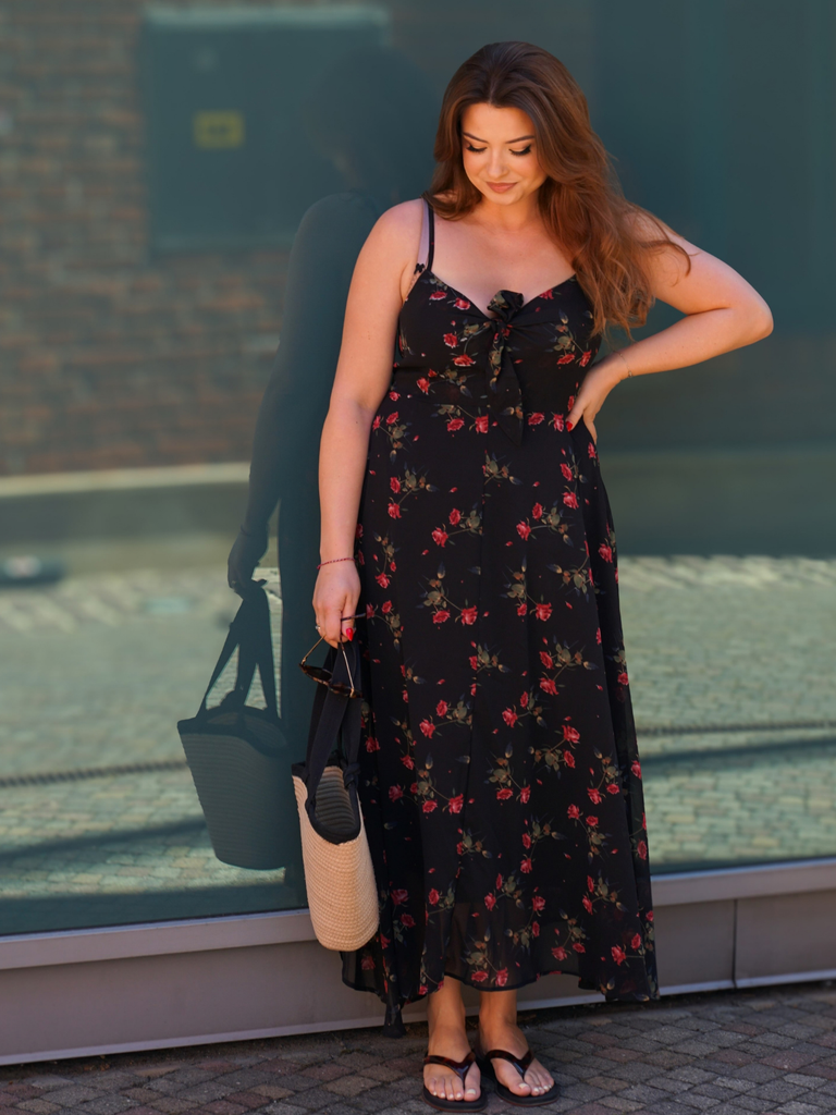 Black 1930s Rose V-Neck Bohemian Slip Dress