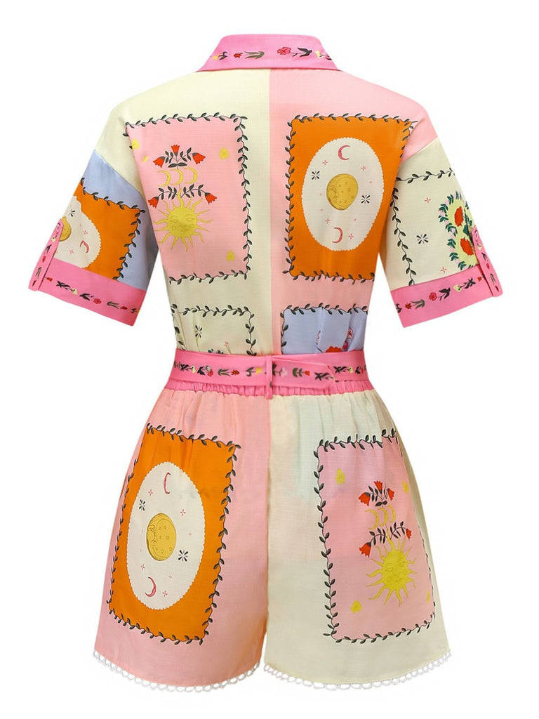 2PCS 1970s Boho Floral Blouse & Belted Shorts