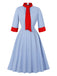 Blue 1950s Contrast Tie-Neck High Collar Dress