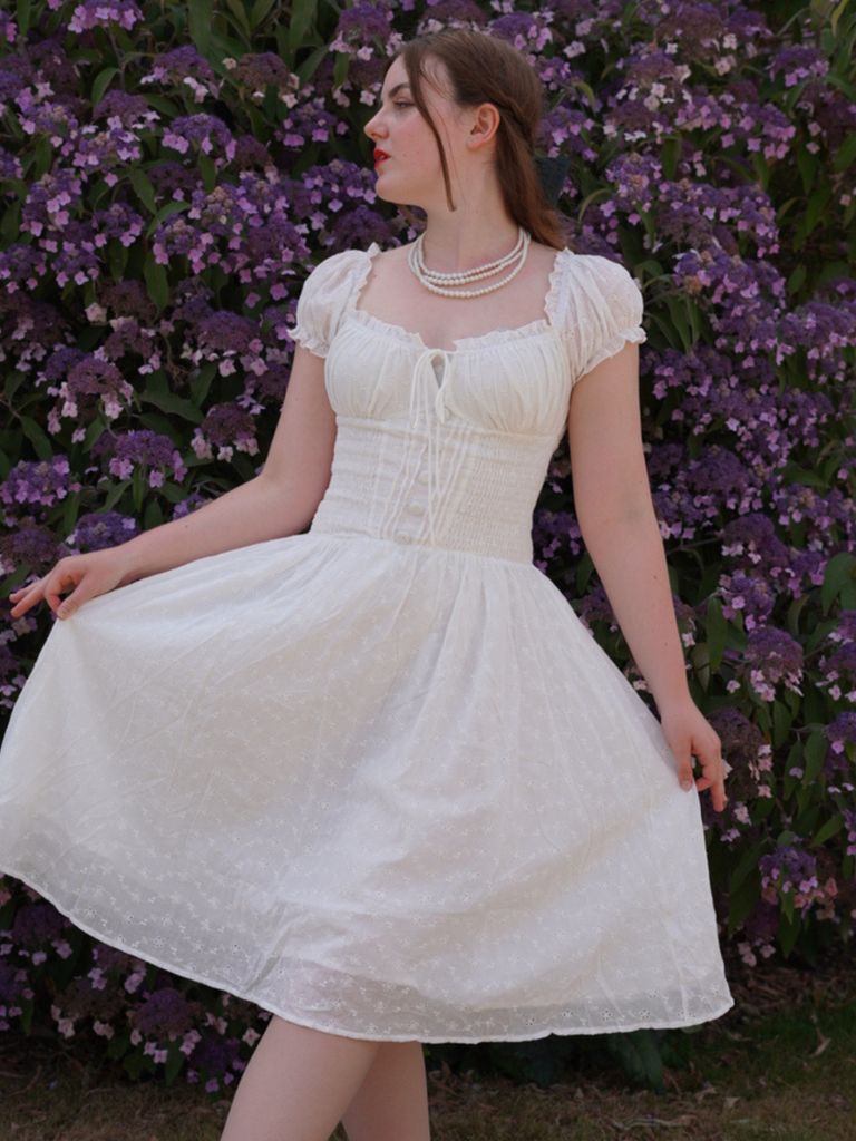 White 1940s Solid Cotton Embroidered Lace Dress
