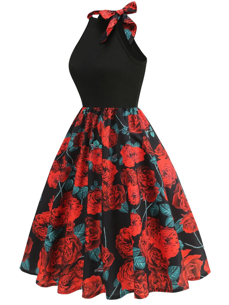 Red 1950s Rose Sleeveless Patchwork Dress