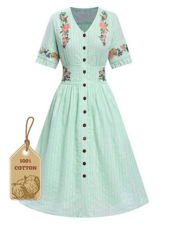 Pure Cotton Mint Green 1940s V-Neck Floral Dress