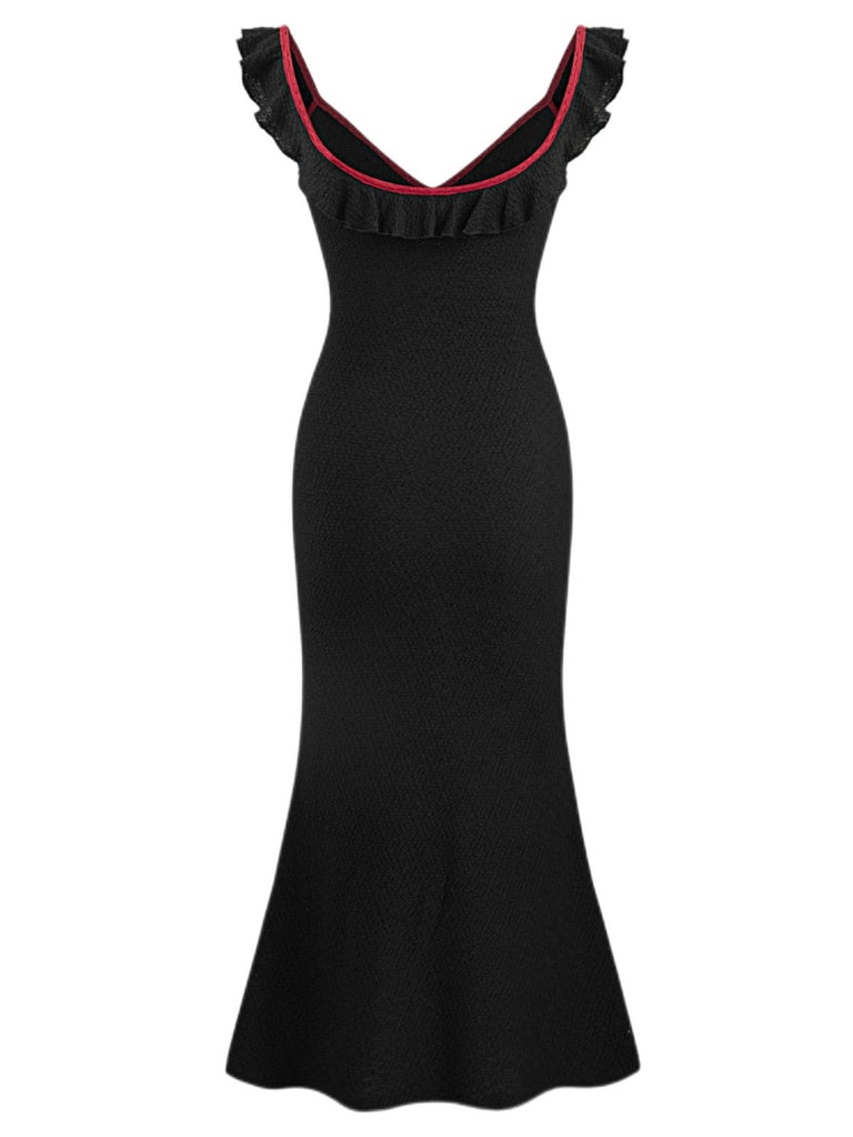 Black 1930s V-Neck Ruffled Knitted Mermaid Dress
