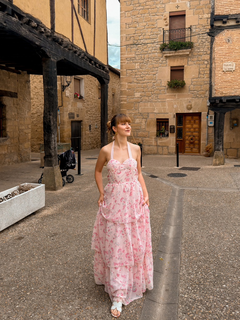Pink 1940s Floral Fishbone Layered Tie Strap Mesh Midi Dress