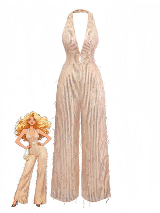 1970s Halter Deep V-Neck Sequin Fringe Jumpsuit