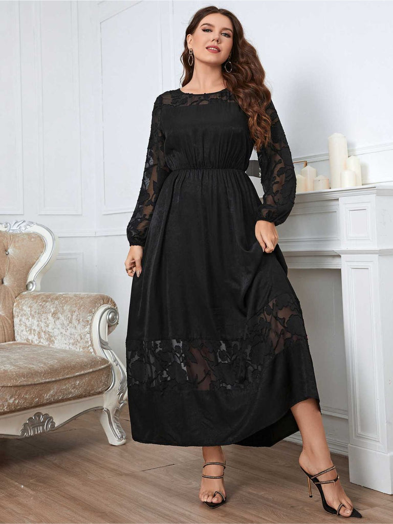 [Plus Size] Black 1940s Long Sleeve Solid Lace Dress