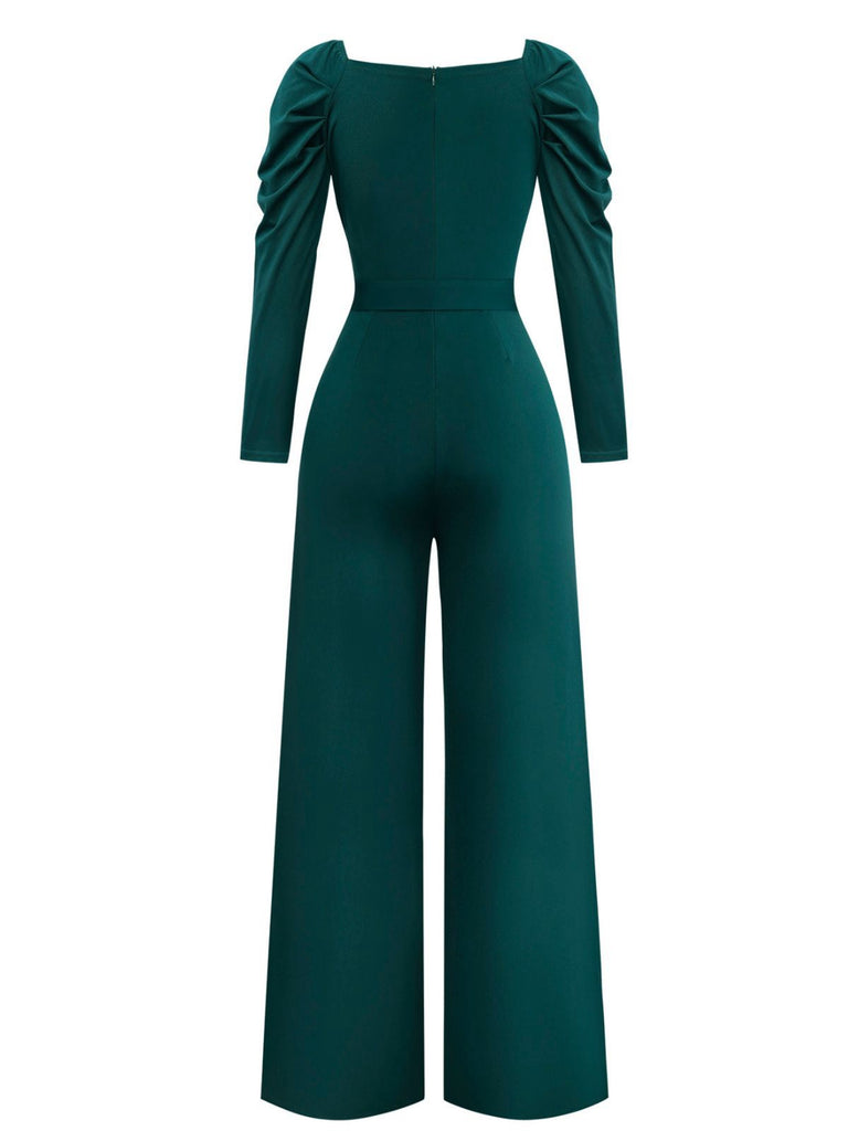 1930s Solid Ruched V-Neck Belted Jumpsuit