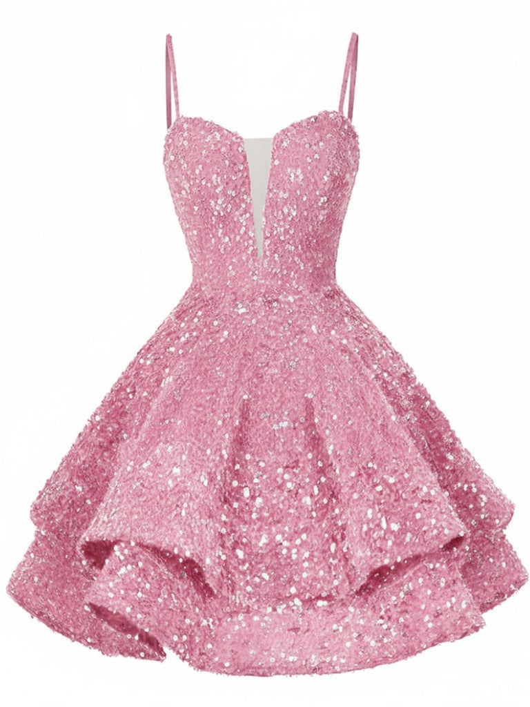 Red 1950s Sequin Deep V-Neck Lace-UP Mini Party Dress