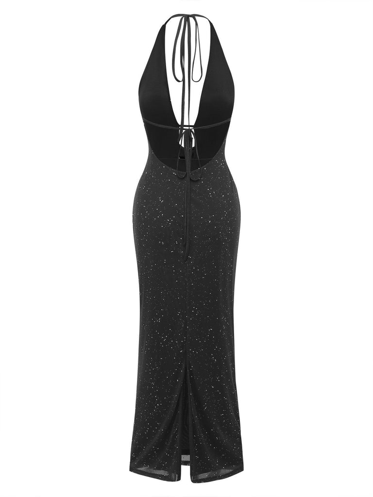 1980s Backless Cowl Glitter Halter Slit Maxi Dress