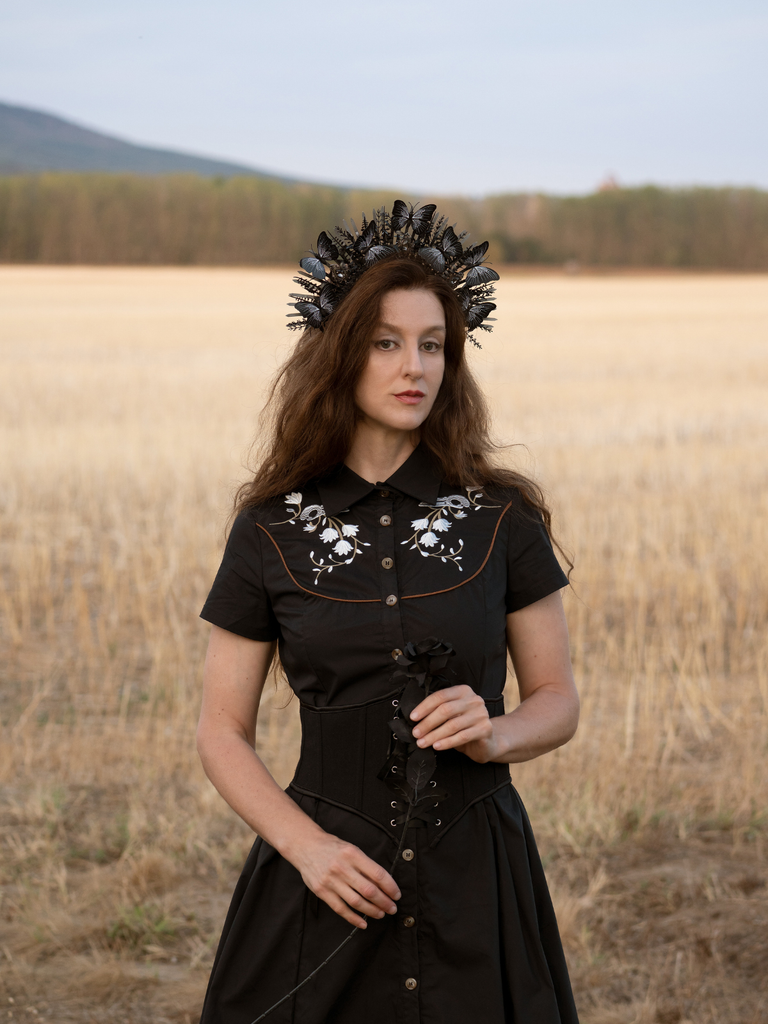 Black 1950s Cotton Floral Embroidered Western Style Dress