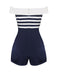 [US Warehouse] Navy Blue 1950s Patchwork Off-shoulder Striped Romper