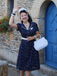 Pure Cotton Blue 1940s Puff Sleeves Floral Dress
