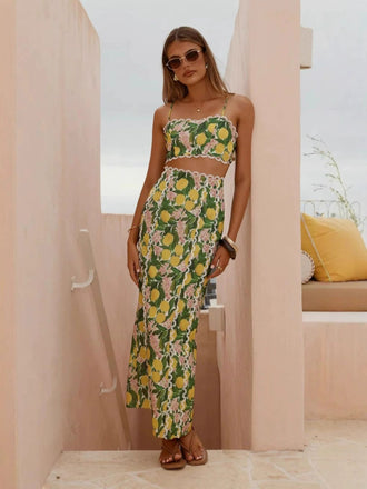 2PCS 1960s Lace Lemon Slip Top & Maxi Skirt