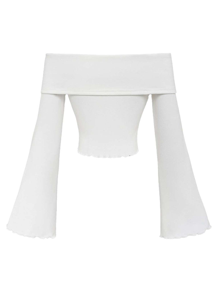 White 1970s Butterfly Off-Shoulder Bel-Sleeve Top