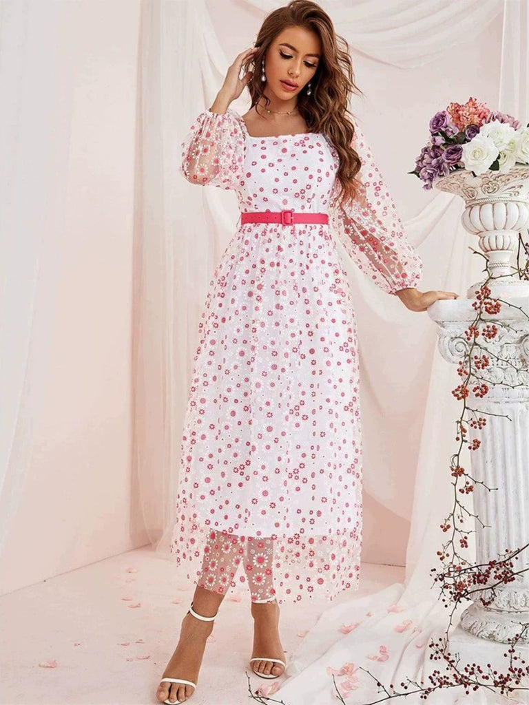 1940s Floral Illusion Square Neck Belt Dress