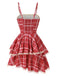 Red 1960s Irregular Layered Hem Plaid Suspender Dress