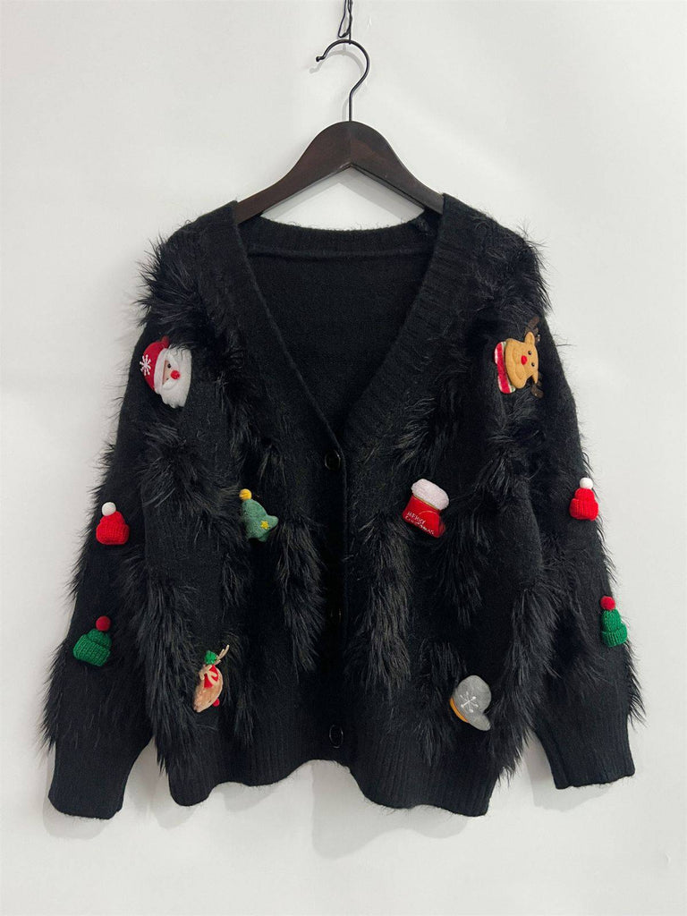 1970s 3D Christams Print Fluffy Knit Button Cardigan