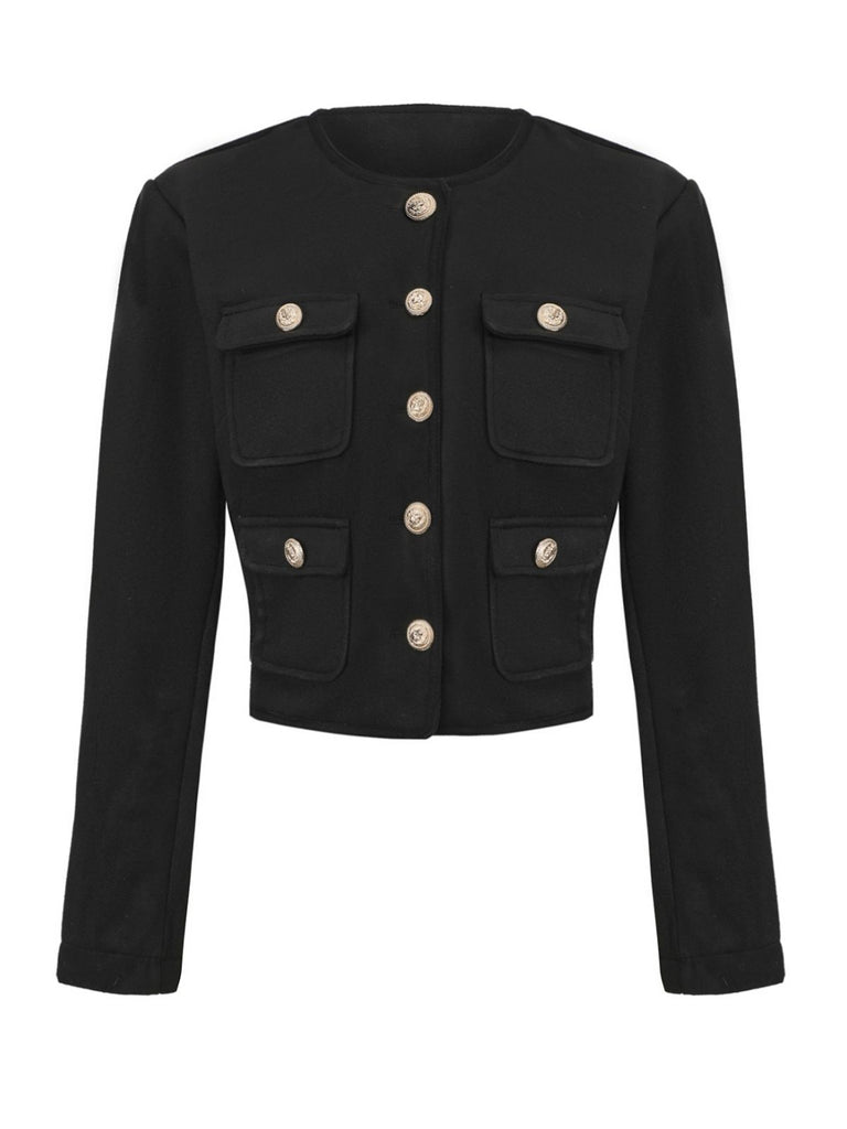 Black 1940s Solid Faux-Wool Short Jacket