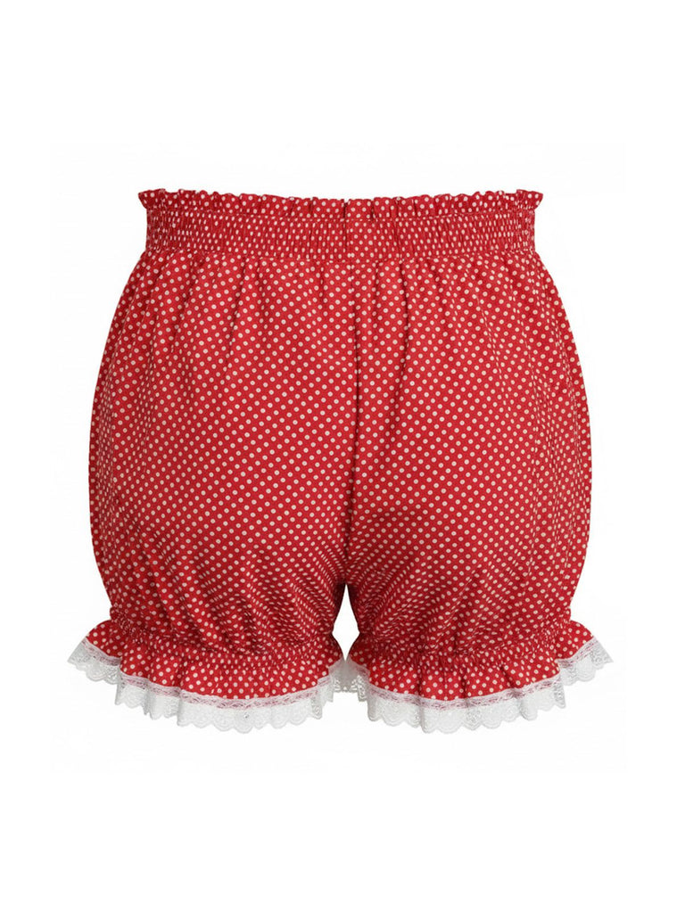 Red 1980s Polka Dot Bow Lace Trim Pumpkin Shorts