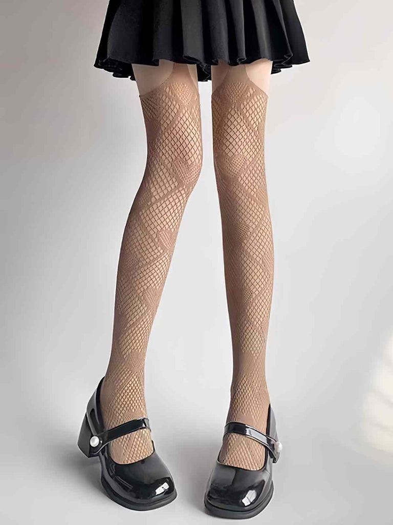 Heart Pattern Thigh High Fishnet Stockings