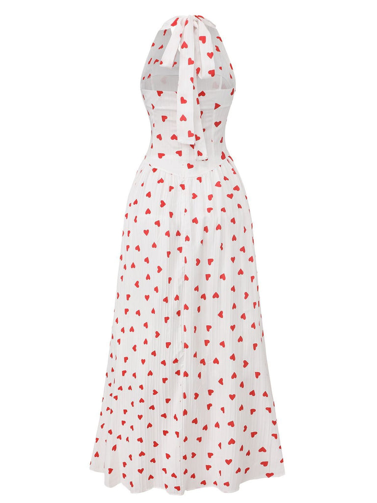 Red 1930s Heart V-Neck Backless Tie Halter Dress
