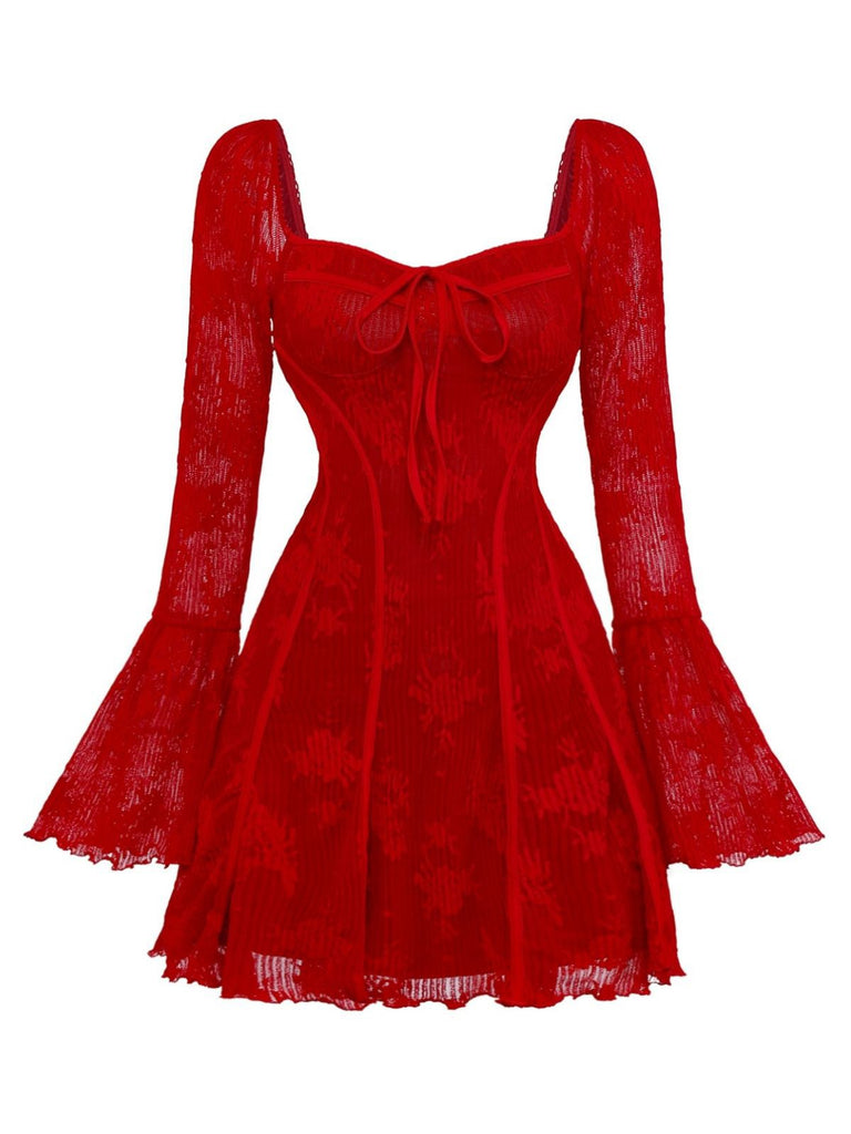 Red 1960s Floral Bow Bell-Sleeve Knit Dress