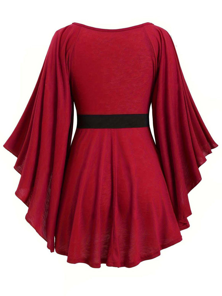 [Plus Size] Deep Red 1970s Batwing Sleeve Ruffled Top