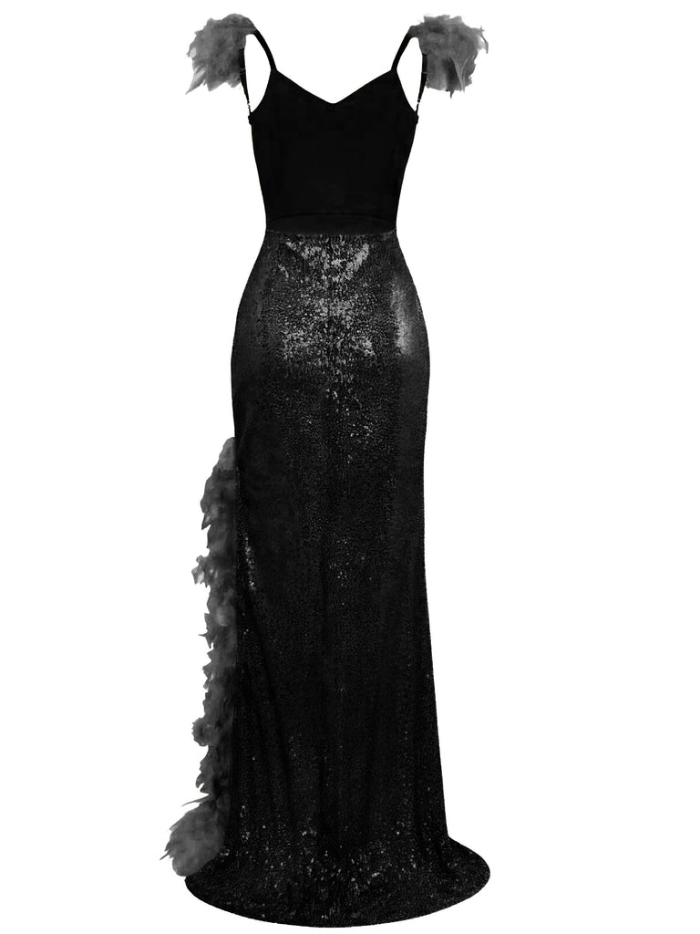 1930s V-Neck Feather Strap High Slit Sequined Dress