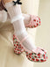 Retro Leather Strawberry Bow Chunky Heels