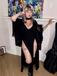 Black 1980s Gothic Slit Flared Sleeve Lace V-Neck Dress