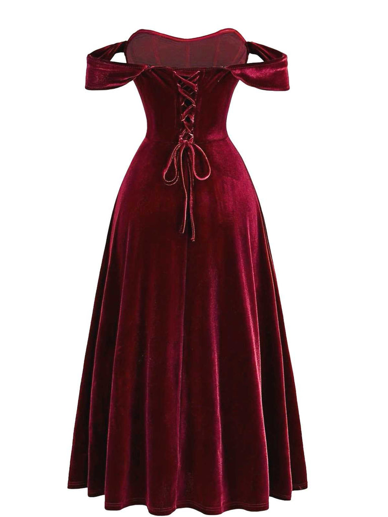 Wine Red 1930s Velvet Corset Formal Dress