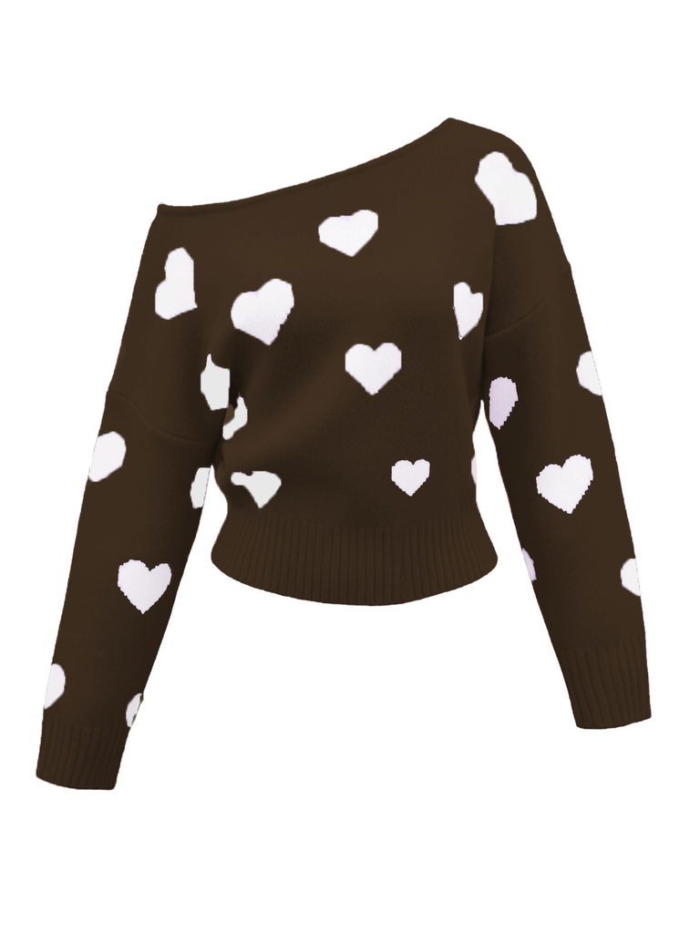 1970s Valentine Heart Asymmetrical Shoulder Pullover Sweater