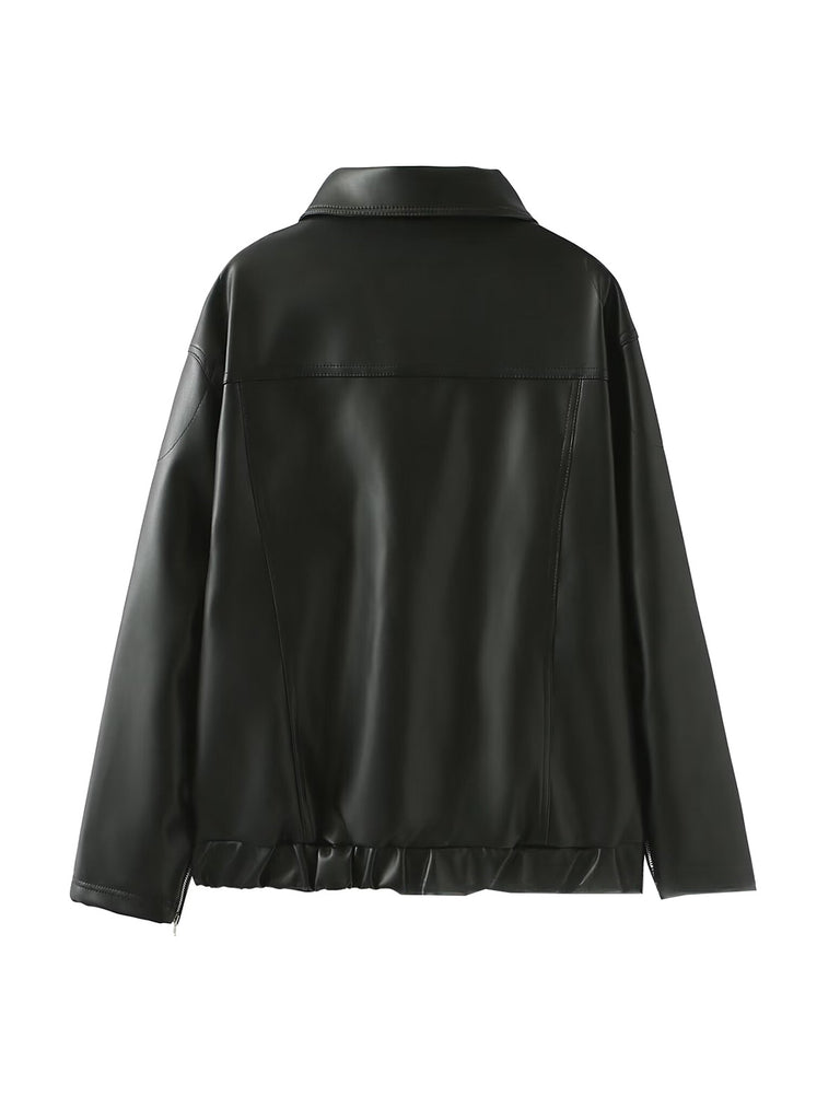 Black 1970s Leather Bow Lapel Jacket