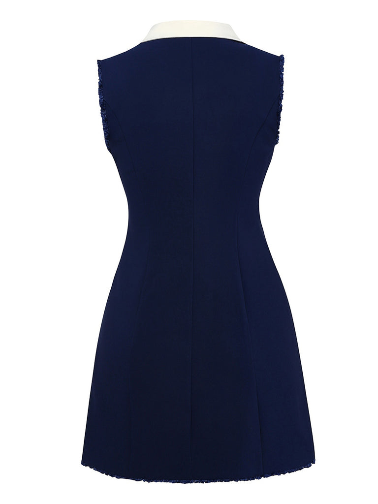 Dark Blue 1960s Contrast Raw Cuffs Buttons Dress