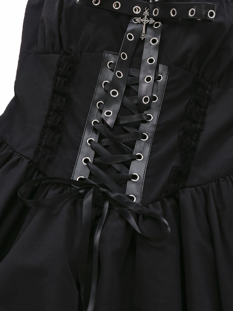 Black 1980s Gothic Layered Lace Slip Dress