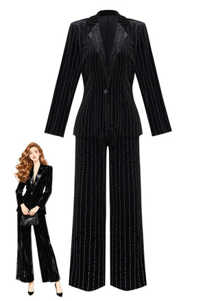 2PCS Black 1960s Velvet Sequin Blazer & Pants Set