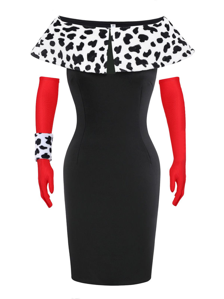 2PCS White & Black 1960s Cruella Dalmatian Dress & Cape