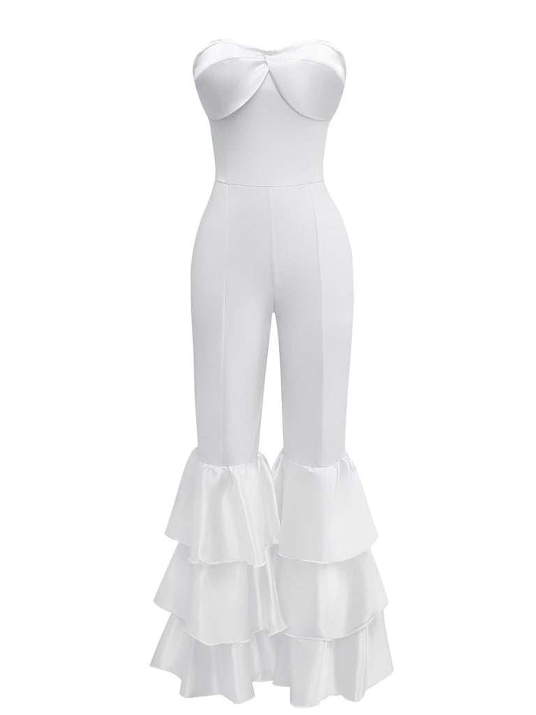 1970s Boho Strapless Solid Pleated Ruffle Jumpsuit