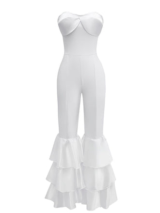 1970s Boho Strapless Solid Pleated Ruffle Jumpsuit