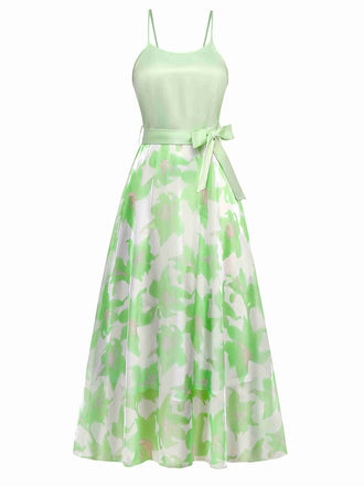 1930s Bow Organza Floral Spaghetti Straps Dress