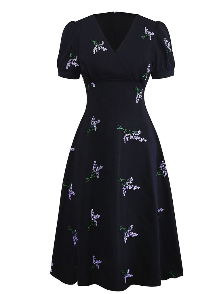 Black 1940s Purple Floral Embroidered V-Neck Dress