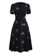 Black 1940s Purple Floral Embroidered V-Neck Dress