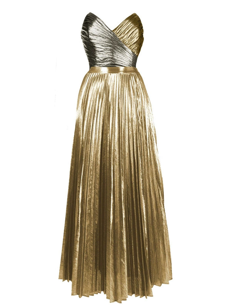 Vintage-inspired gold metallic swimsuit and flowing pleated cover-up in 50s style, ideal for luxury beach vacations and pool parties