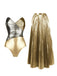 Gold and silver swimsuit with matching skirt on a white background