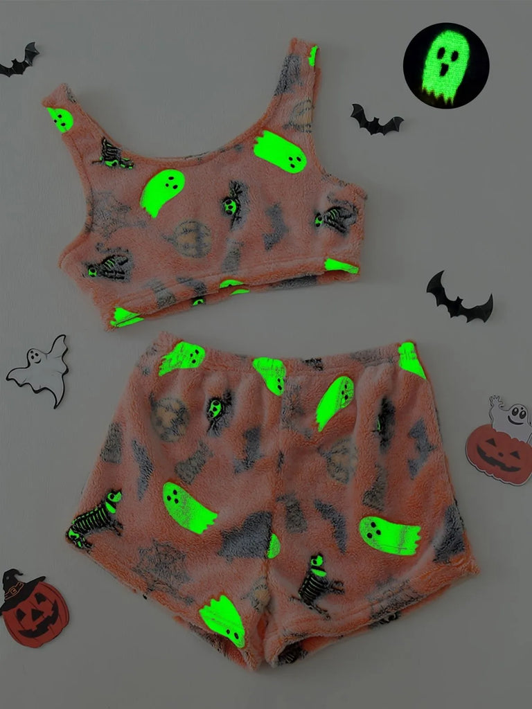 2PCS Orange 1960s Halloween Ghost Fleece Pajama Set