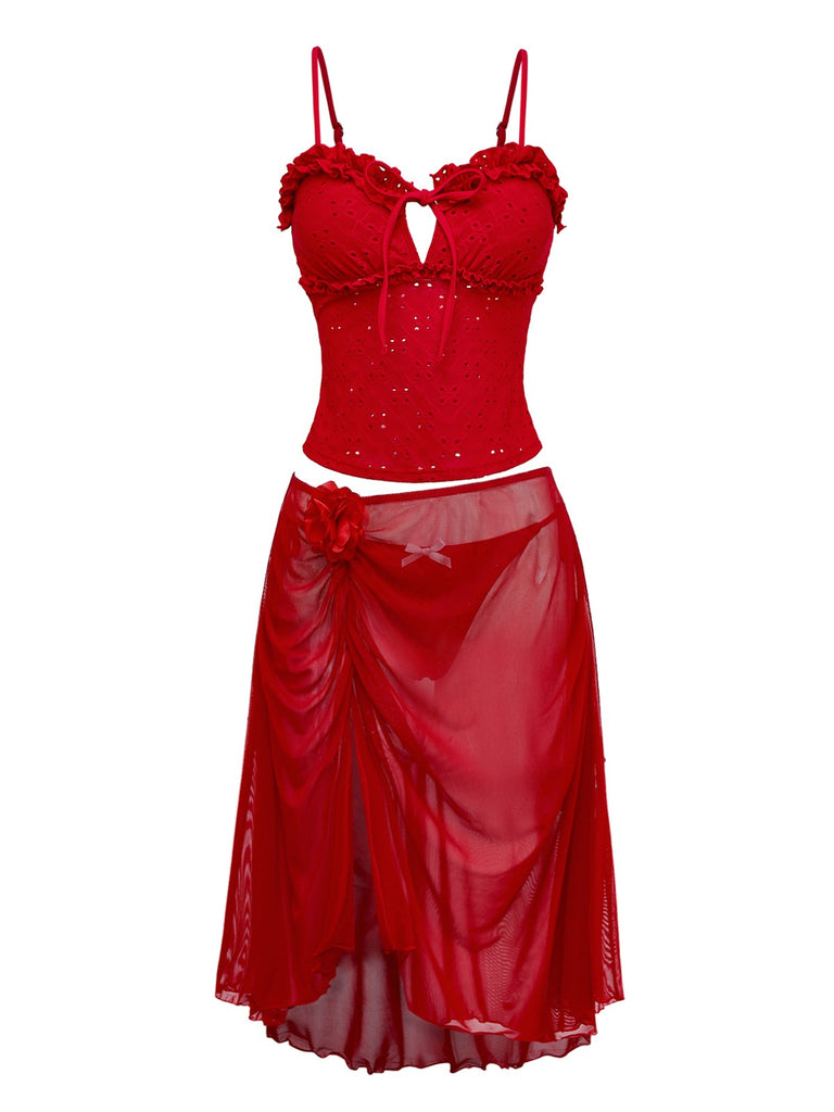 2pcs-red-1960s-cutout-ruffled-tankini-set-cover-up-front-view