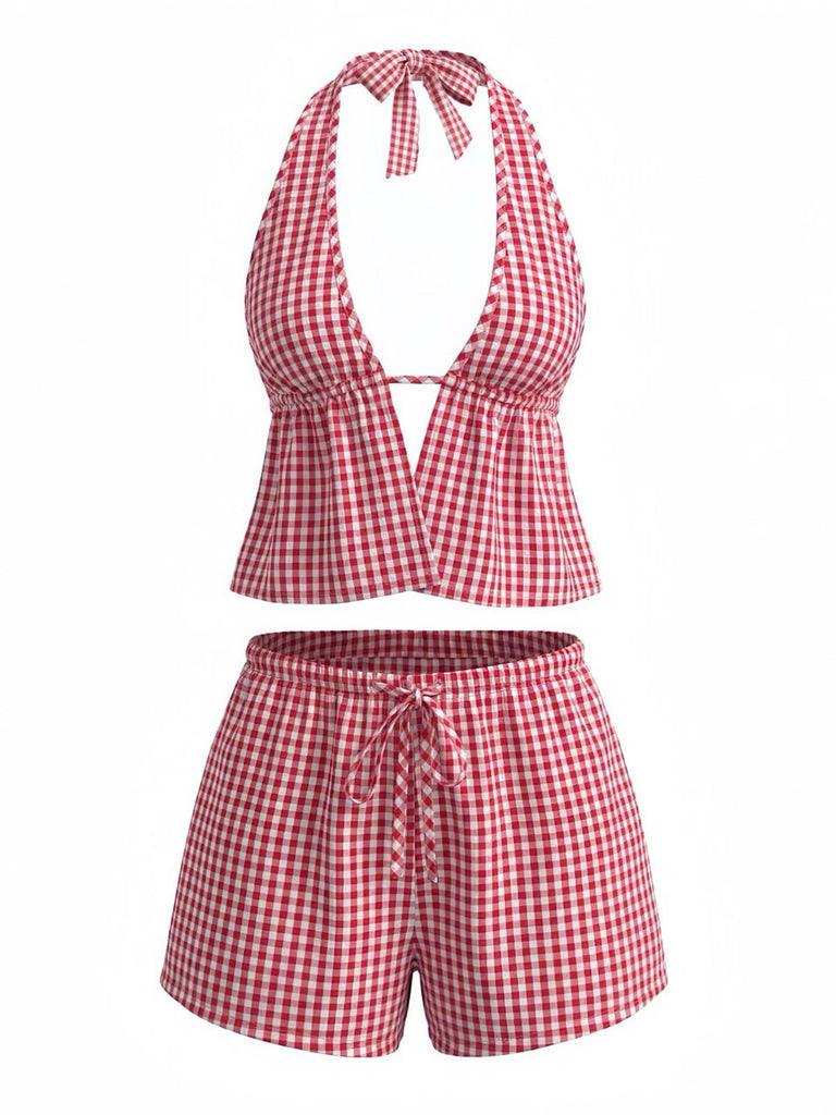Red plaid halter top and shorts set with 1960s vintage styling and backless design, ideal for summer vacation outfits and retro-themed events